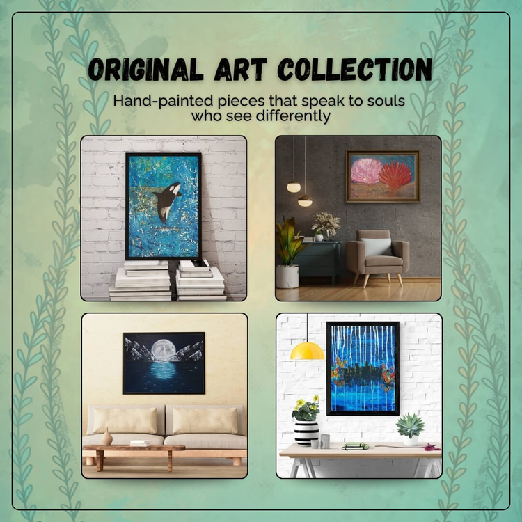 Four framed paintings from the A New Beginning Collection, featuring a moonlit lake, floating woman, sea turtle, and abstract water reflections.