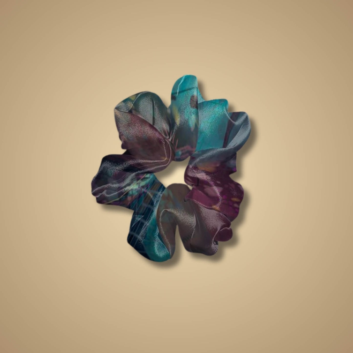Juliette Jumbo Scrunchie in the Brain Fog design—soft, misty greys and muted blues with gentle swirls, capturing a dreamy, calming vibe.