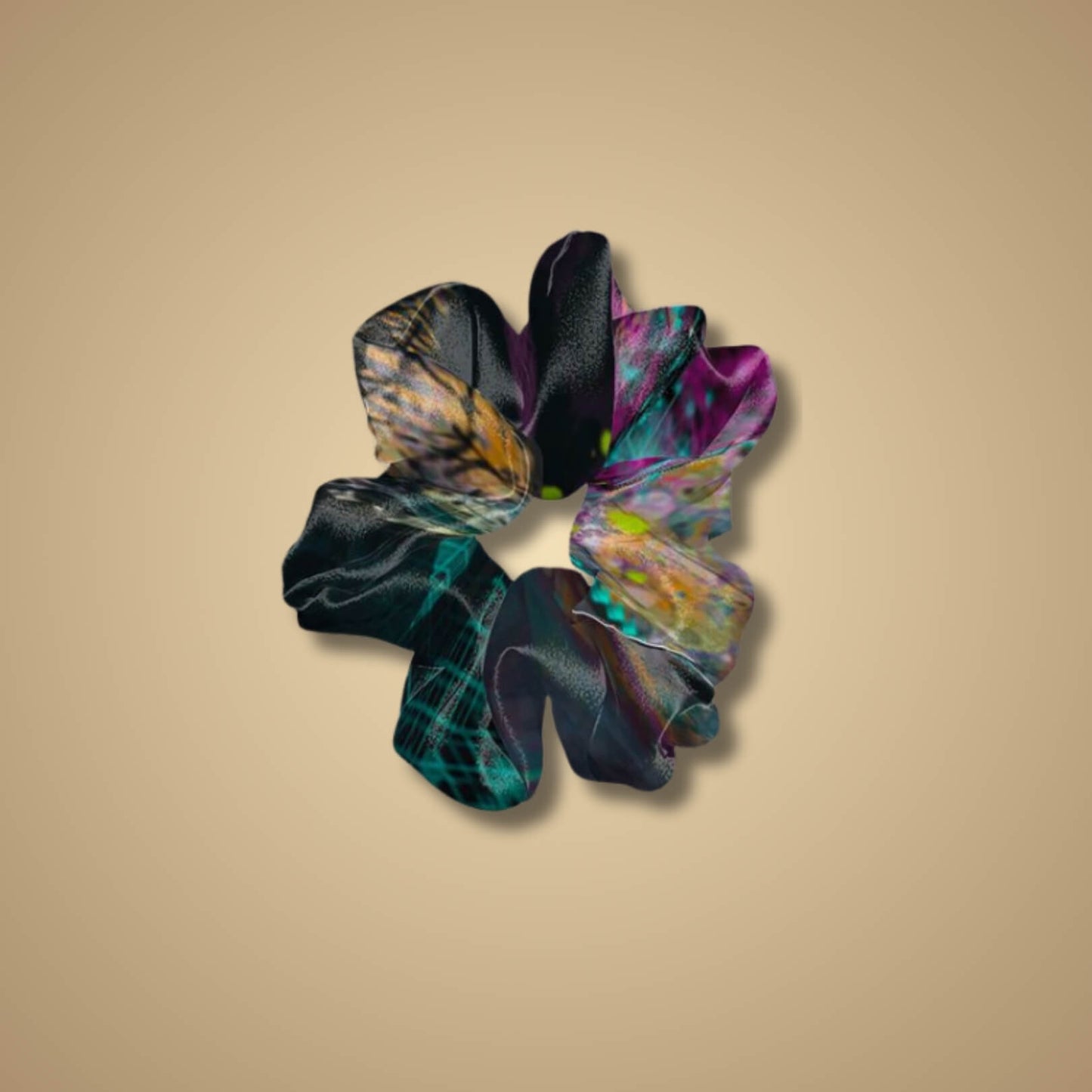 Juliette Jumbo Scrunchie in the Neuro-Spicy Brain Original design—vivid turquoise with playful pink, yellow, and black splashes. Bold, expressive, and inspired by neurodivergent creativity.