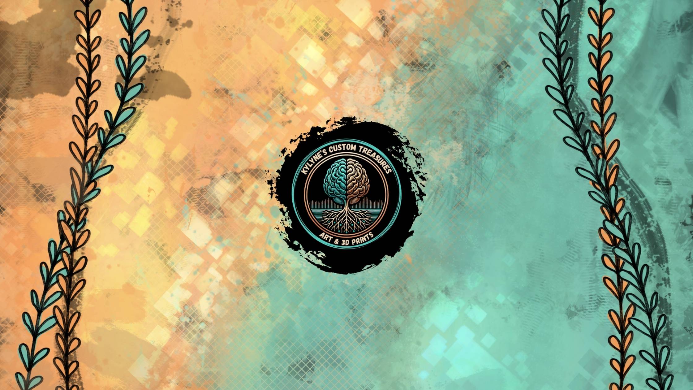 Colorful abstract wallpaper featuring Kylyneâs Custom Treasures logo with teal and golden peach brush textures, symbolizing creativity and connection.
