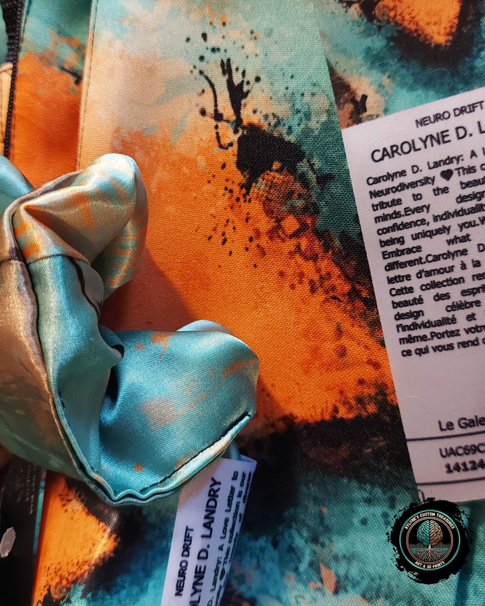 Colorful fabric with a textured pattern and visible brand label.