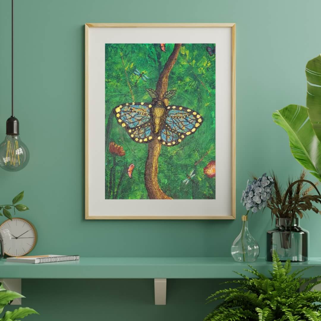 Hand-painted butterfly nature art displayed in modern living room