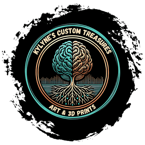 Kylyne’s Custom Treasures logo – stylized brain tree in teal and orange, representing Canadian neurodivergent artists specializing in art and 3D prints.