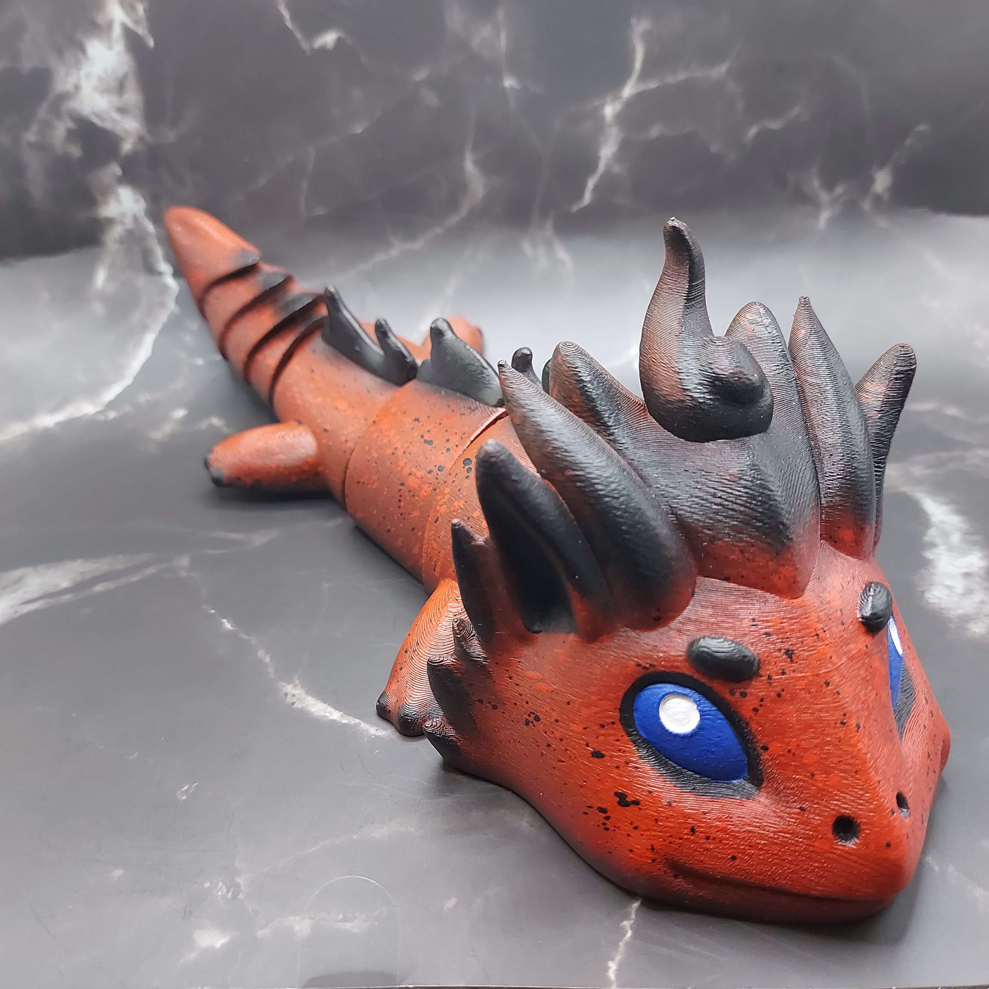 Red and black hand-painted custom large dragon figurine by Kylyne’s Custom Treasures, 3D-printed and sensory-friendly.