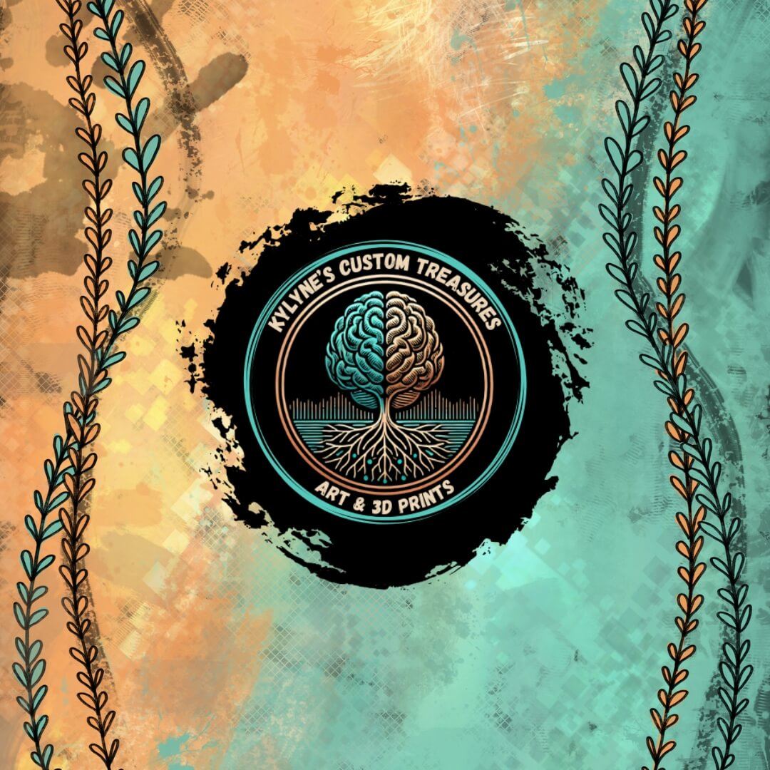 Artistic wallpaper featuring the Kylyne’s Custom Treasures logo centered on a textured background with painted leaf borders.
