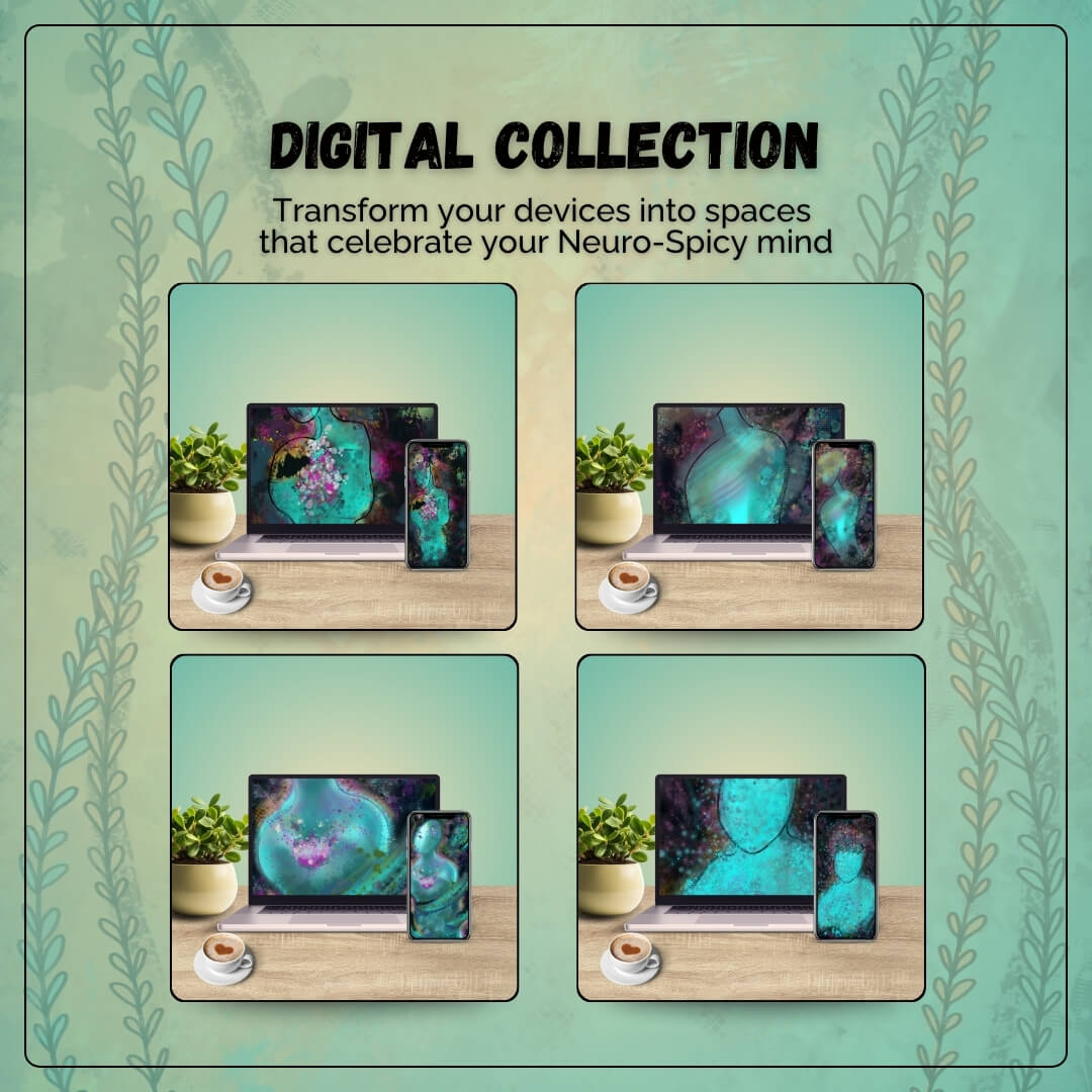  Desktop setup featuring the vibrant Neuro-Spicy Brain digital wallpaper on screen, blending teal, gold, and purple abstract art with bold textures.