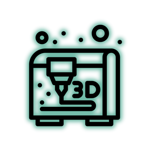 Seafoam green glowing icon of a 3D printer, symbolizing innovation and precision at KCT