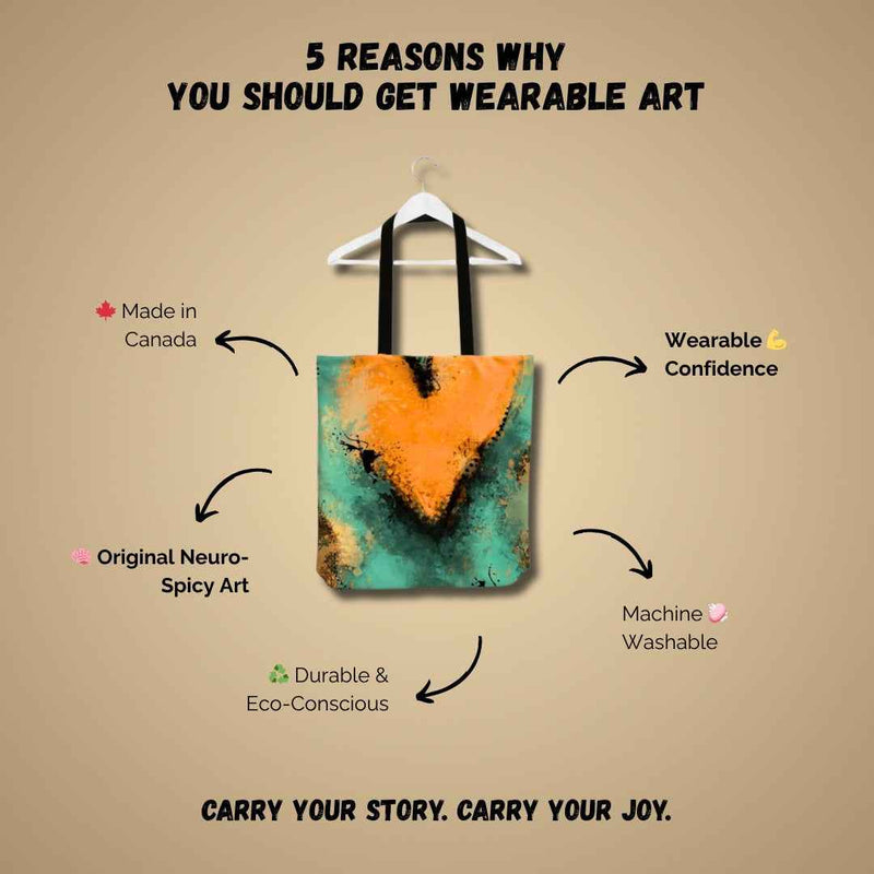 Infographic titled “5 reasons why you should get wearable art” featuring a Neuro Drift tote bag and benefits like made in Canada, durable, machine washable, and wearable confidence