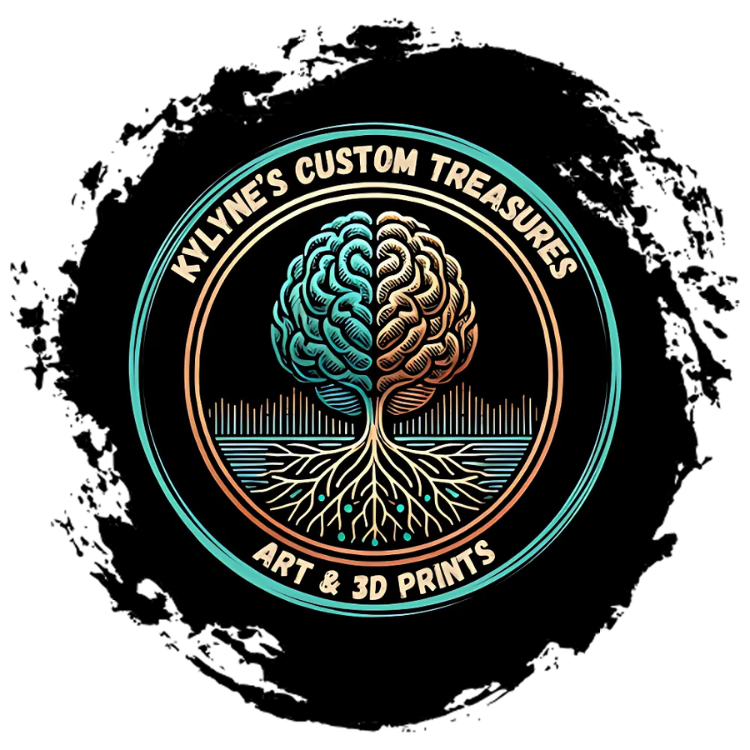 Kylyne's Custom Treasures logo with a stylized half-brain, half-tree design, set against a textured black ink splash on a transparent background.
