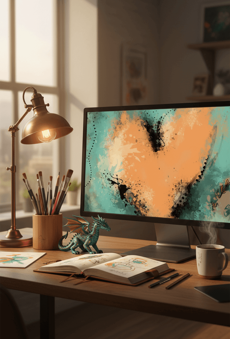 Home office desk with computer monitor, books, and stationery