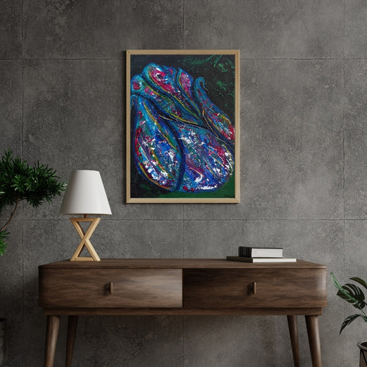 Original blue floral abstract painting displayed in minimalist room