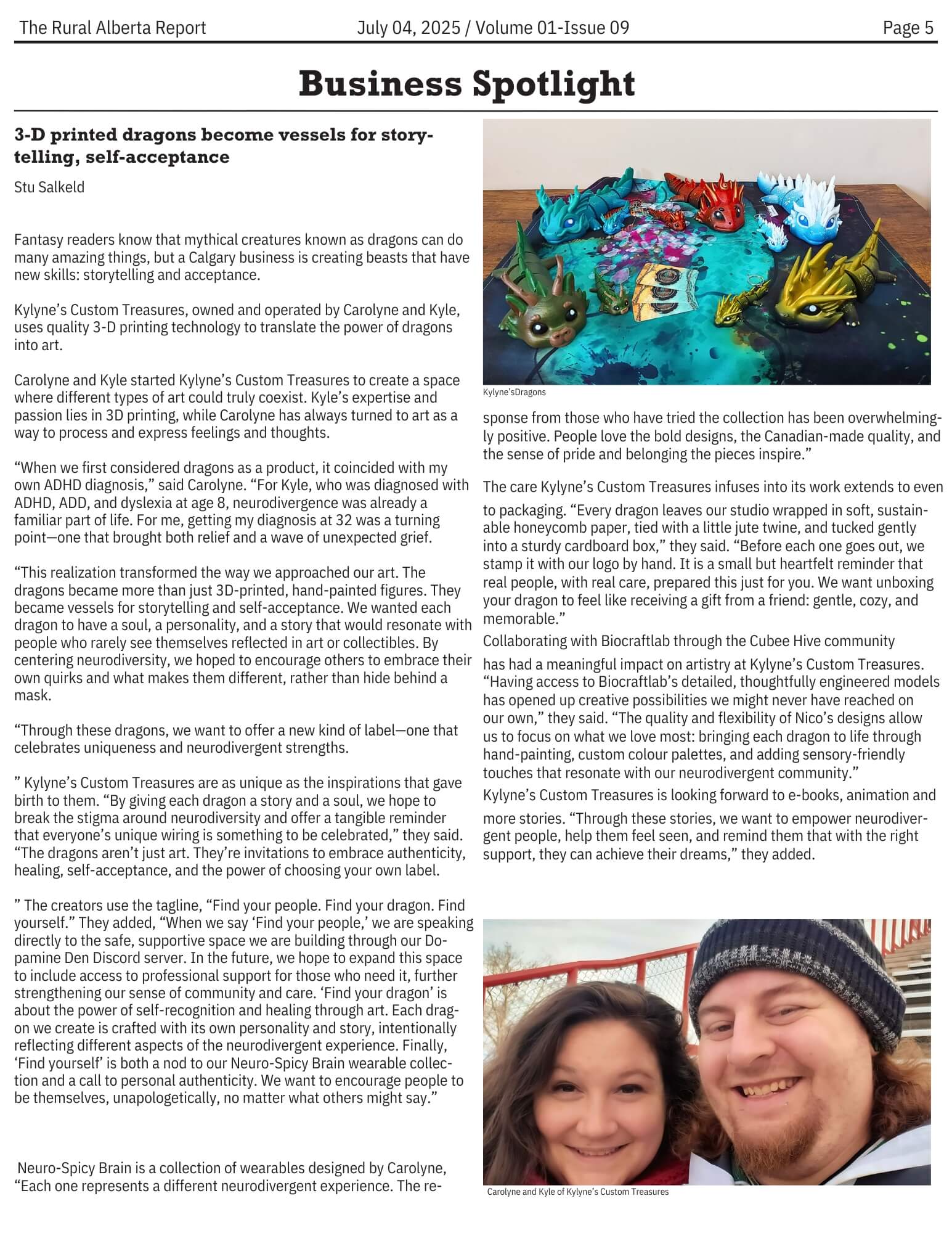 Newspaper article featuring Kylyne’s Custom Treasures in The Rural Alberta Report, with a headline about 3D-printed dragons, a group photo of colorful dragon figurines, and a photo of Carolyne and Kyle.