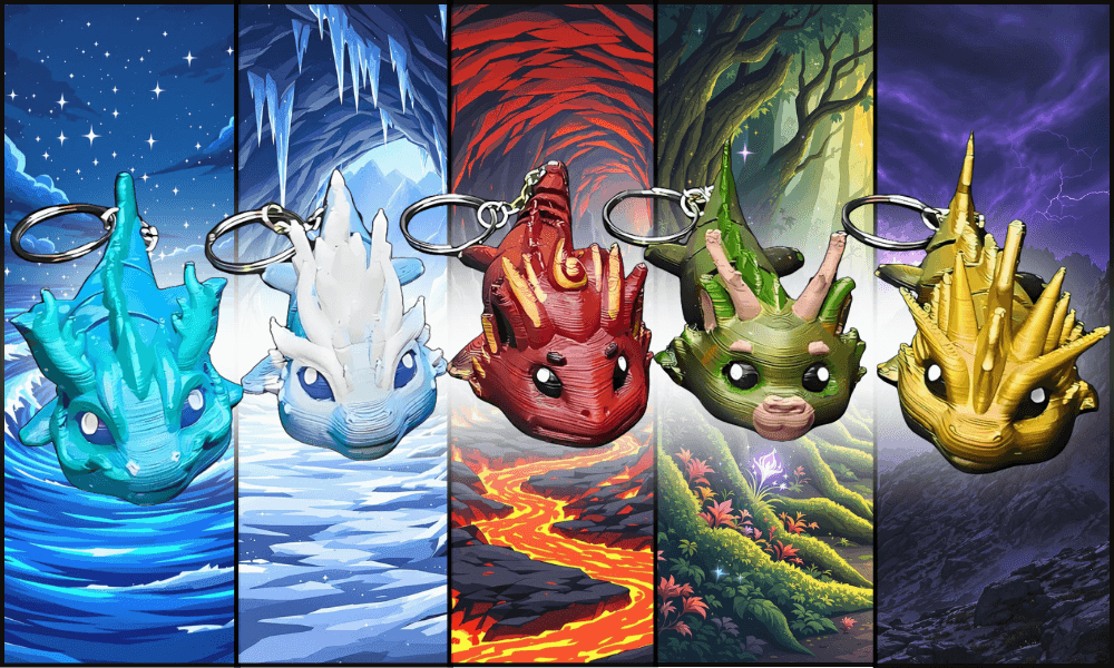 Elemental Dragon Keychains by Kylyne’s Custom Treasures – five hand-painted, 3D-printed sensory-friendly dragon keychains in blue, white, red, green, and yellow. Each dragon is displayed in a themed background: ocean, ice cave, lava, enchanted forest, and stormy mountains. Fidget-friendly art designed for neurodivergent collectors.