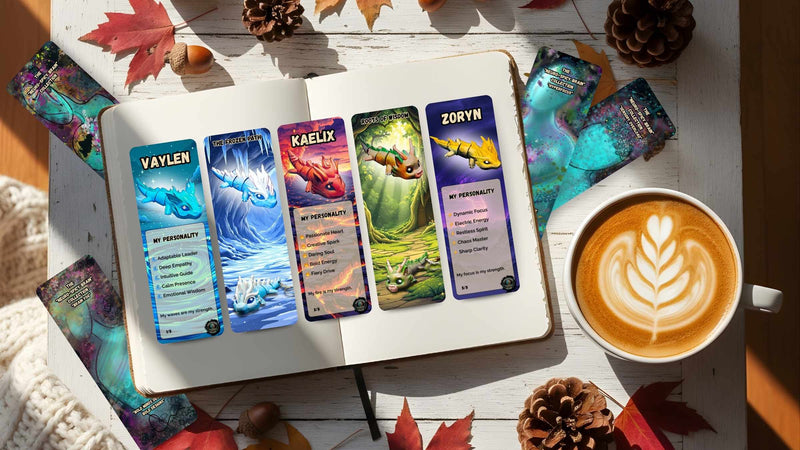 Kylyne’s Custom Treasures bookmark collection featuring Elemental Dragons of Drakora and Neurospicy Brain designs, displayed on an open book with autumn leaves, pinecones, and a cup of latte art.