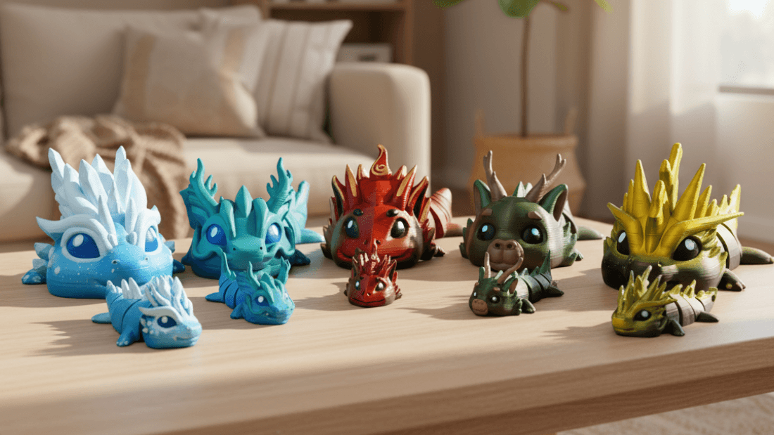Hand-painted elemental dragons in blue, red, green, and yellow with matching dragon keychains on a wooden table