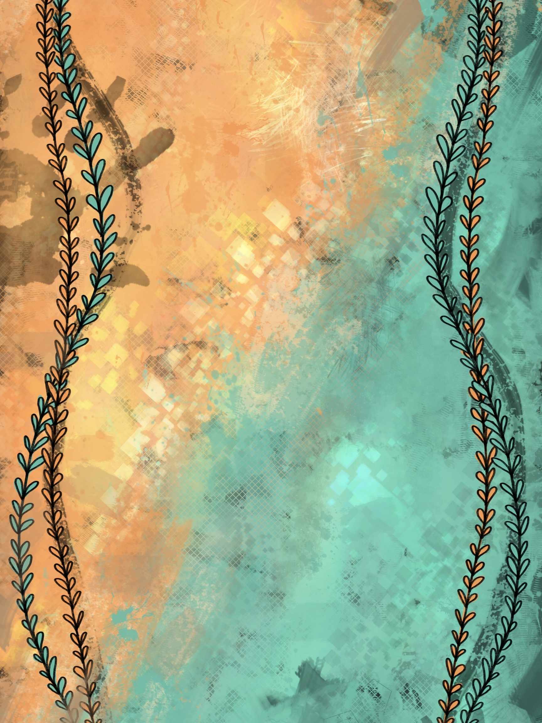 Abstract branded background in teal, peach, and earthy tones from Kylyne’s Custom Treasures, used for product visuals or behind-the-scenes shots