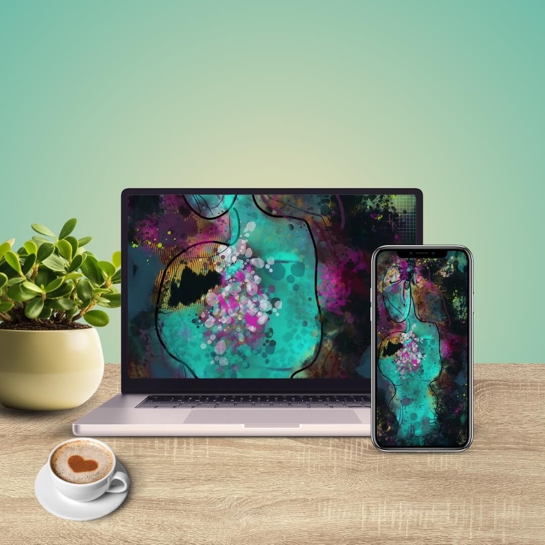 Neuro-Spicy Brain original design digital wallpaper displayed on laptop and phone with blue gradient background
