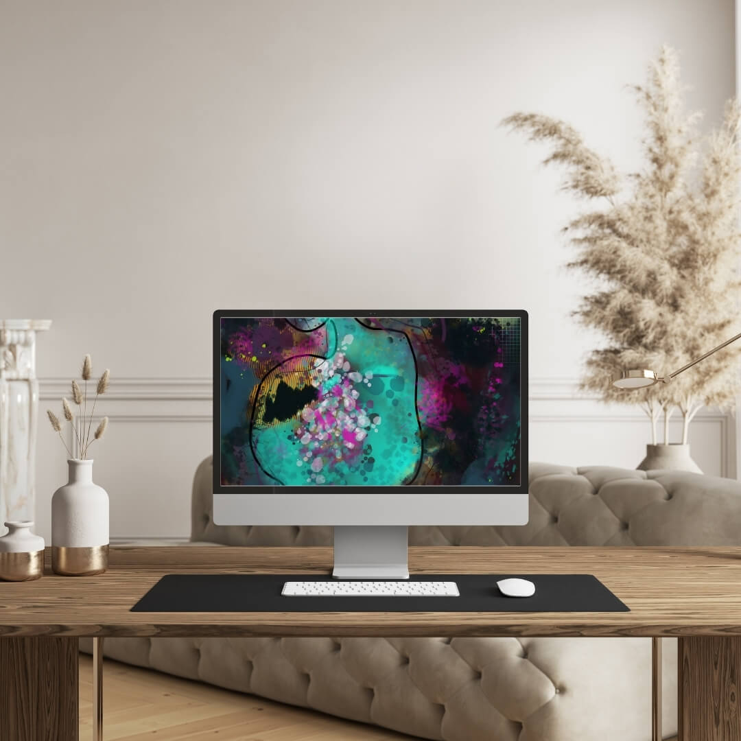 Neuro-Spicy Brain original design digital wallpaper displayed on desktop computer in elegant home office workspace with pampas grass and neutral decor.