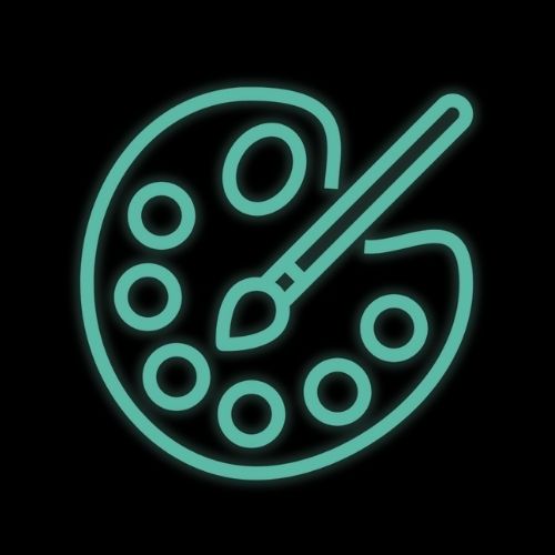 Glowing seafoam green paint palette icon on a black background, symbolizing custom painting services by Kylyne’s Custom Treasures.