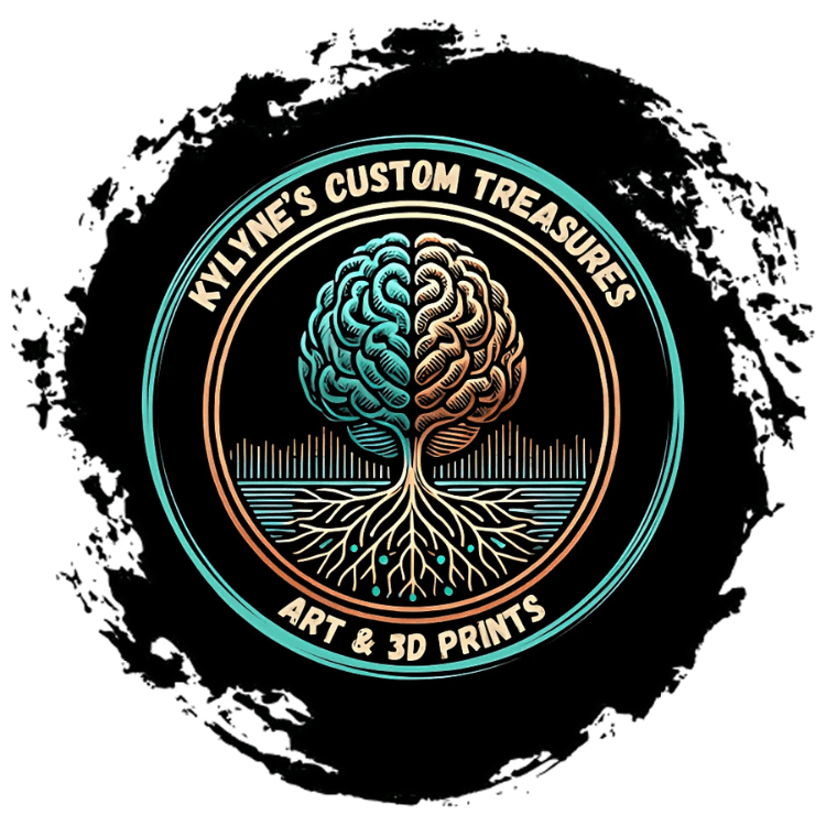 Kylyne’s Custom Treasures logo – stylized brain tree in teal and orange, representing Canadian neurodivergent artists specializing in art and 3D prints.