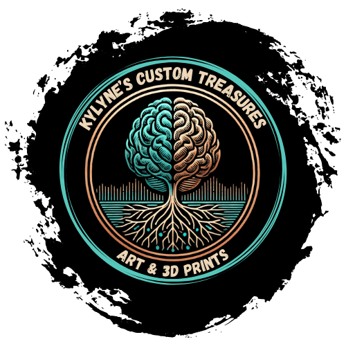 Kylyne’s Custom Treasures logo with transparent background, featuring a glowing brain and tree in a circle with the tagline “Art & 3D Prints”
