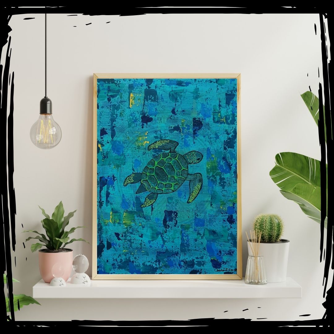Original painting Lone Voyager by Carolyne, part of the A New Beginning Collection. A sea turtle swims through deep blue abstract textures, symbolizing resilience and exploration.