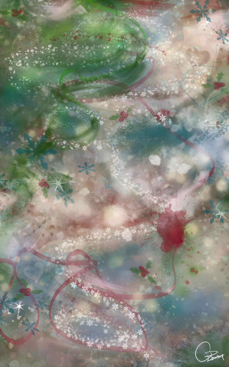 Mademoiselle Winter’s Dance abstract design by Kylyne’s Custom Treasures, featuring soft winter-inspired colors, snowflakes, ribbons, and festive holiday elements in teal, red, and white.