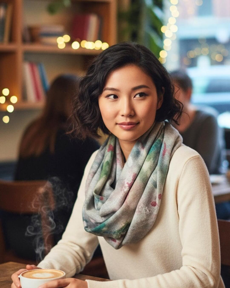 Model wearing the Mademoiselle Winter’s Dance infinity scarf by Kylyne’s Custom Treasures and Le Galeriste, featuring a winter-inspired abstract art design in soft greens, blues, and pinks.