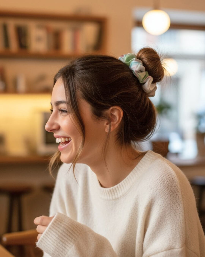 Model smiling and wearing a Mademoiselle Winter’s Dance scrunchie by Kylyne’s Custom Treasures and Le Galeriste , featuring a soft abstract winter design.