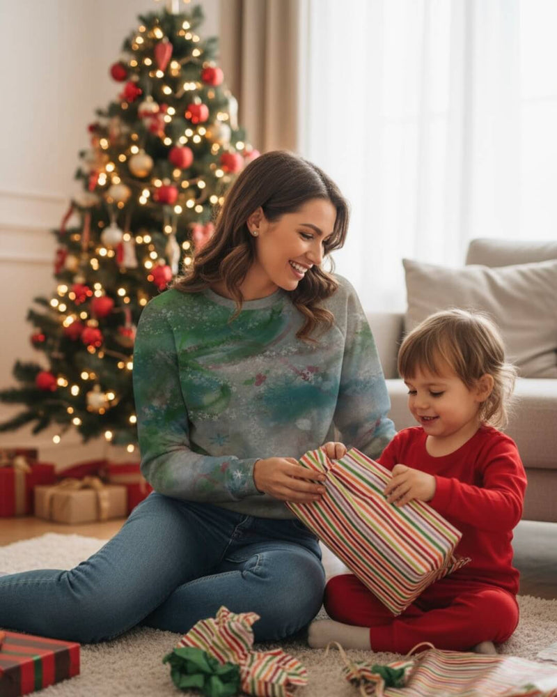 Model and child wearing Mademoiselle Winter’s Dance sweaters by Kylyne’s Custom Treasures and Le Galeriste, sitting by a decorated holiday tree.