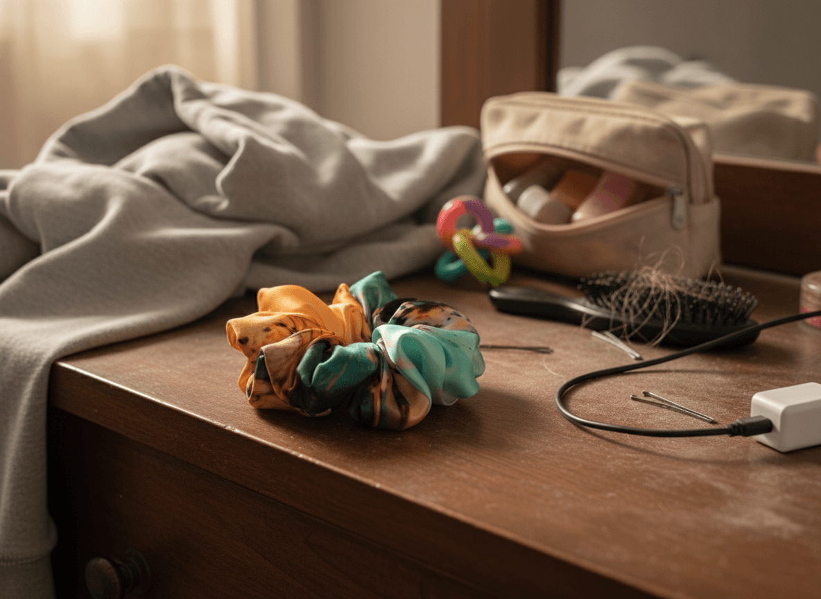 Neuro Drift jumbo scrunchie in teal and orange print on a messy desk
