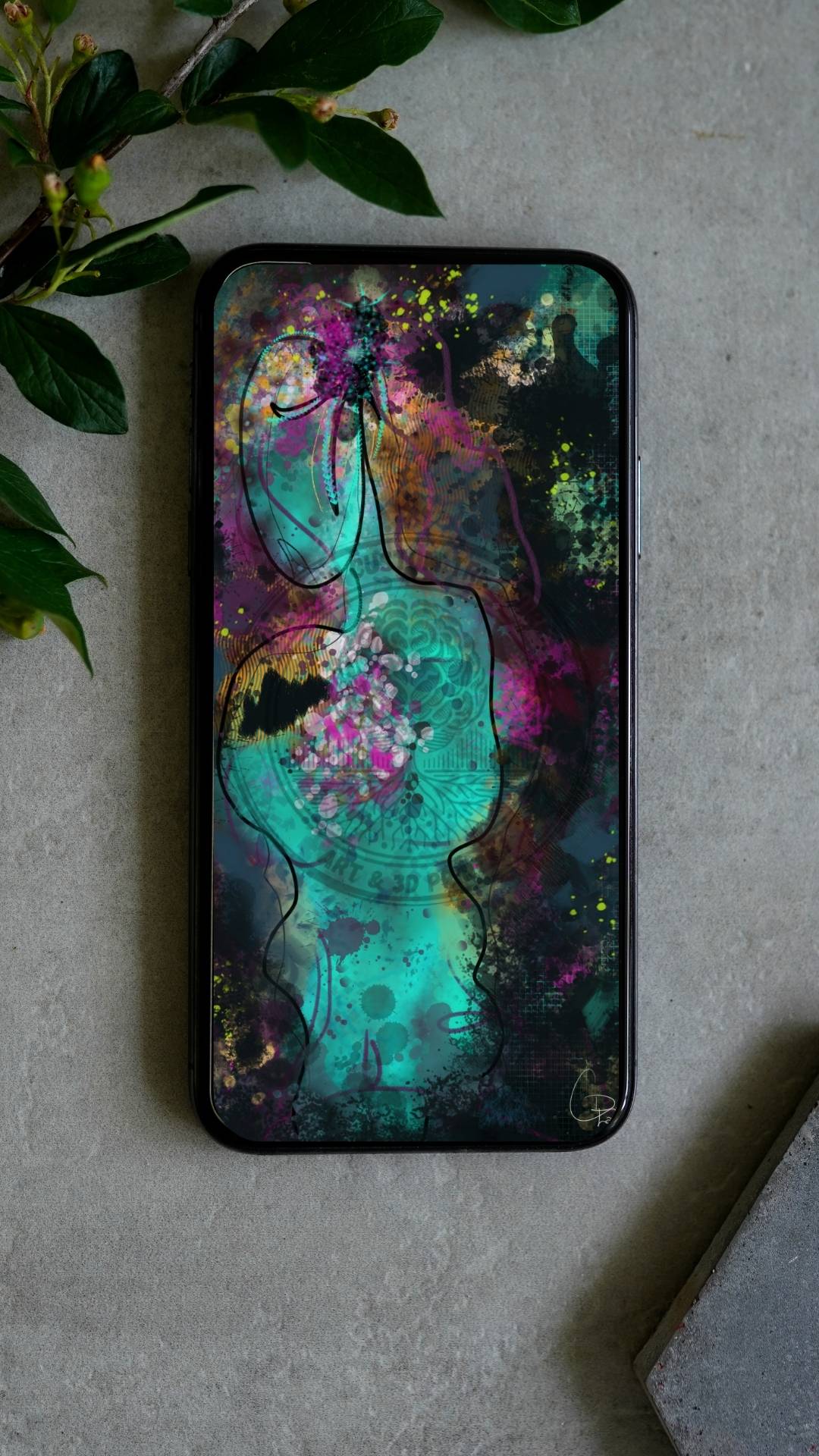 Phone lock screen showing Neuro-Spicy Brain wallpaper in teal and magenta, styled for mobile backgrounds