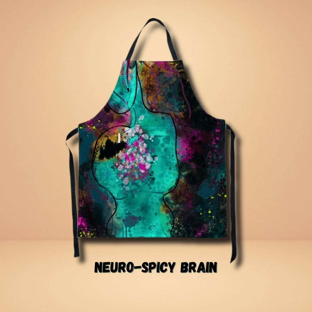 Neuro-Spicy Brain apron with artistic blend of teal, peach, and magenta, designed by Kylyne’s Custom Treasures and crafted by Le Galeriste
