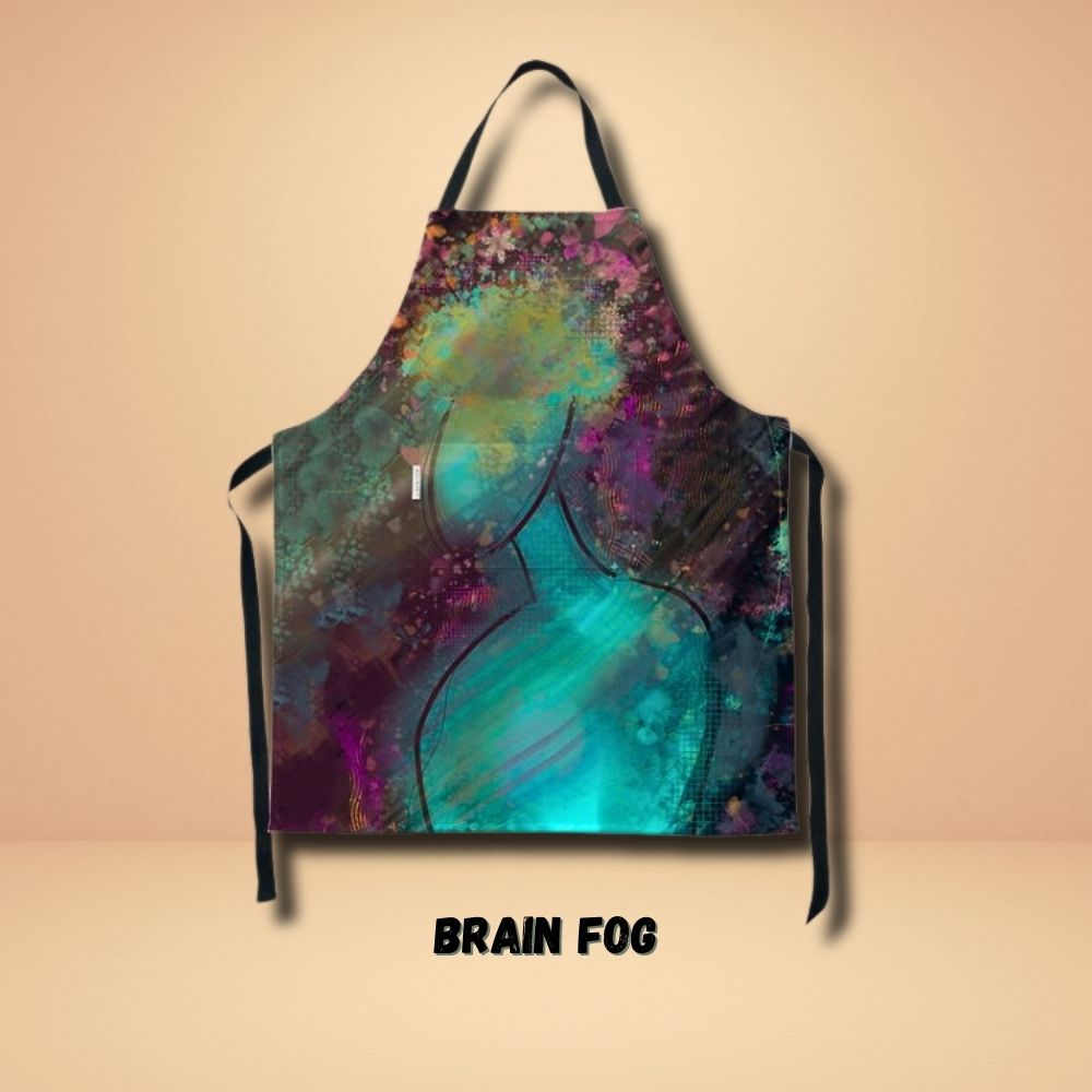 Brain Fog apron from the Neuro-Spicy Brain collection by Kylyne’s Custom Treasures, designed in teal and golden hues with expressive abstract art
