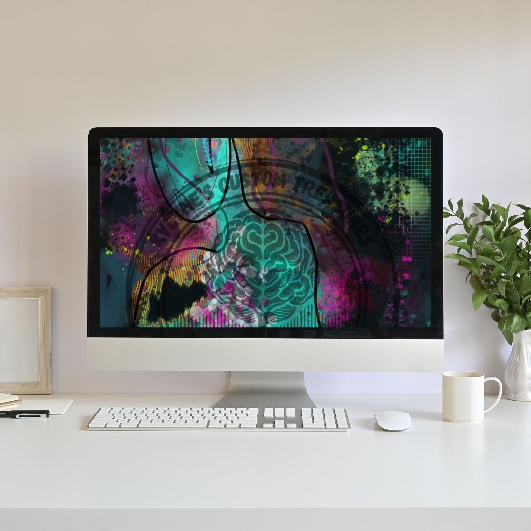 Neuro-Spicy Brain 4K wallpaper on desktop screen with teal, purple, and gold abstract art, celebrating neurodivergent minds