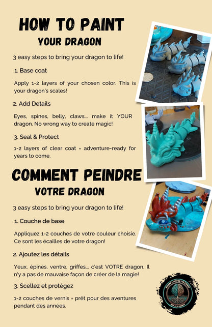 Bilingual Paint Your Dragon Kit instruction sheet showing three painting steps in English and French.
