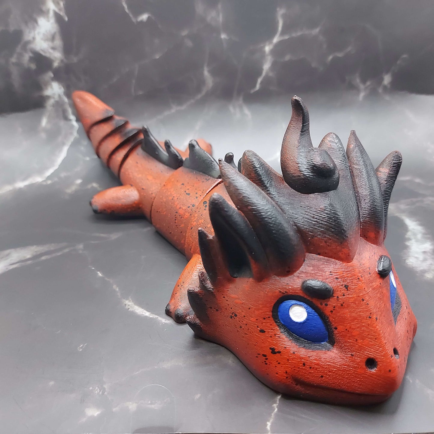 Red and black hand-painted custom large dragon figurine by Kylyne’s Custom Treasures, 3D-printed and sensory-friendly.