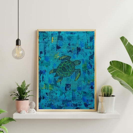 Hand-painted sea turtle voyage art in contemporary room setting