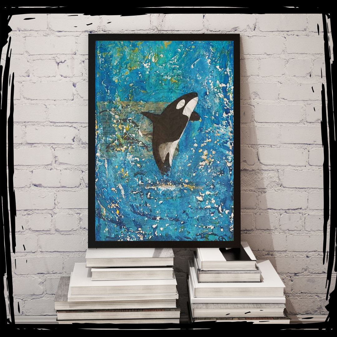 A dynamic painting of an orca leaping out of the water, with a vibrant blue background capturing the power and grace of this ocean guardian. Part of the Nature’s Beauty Collection.