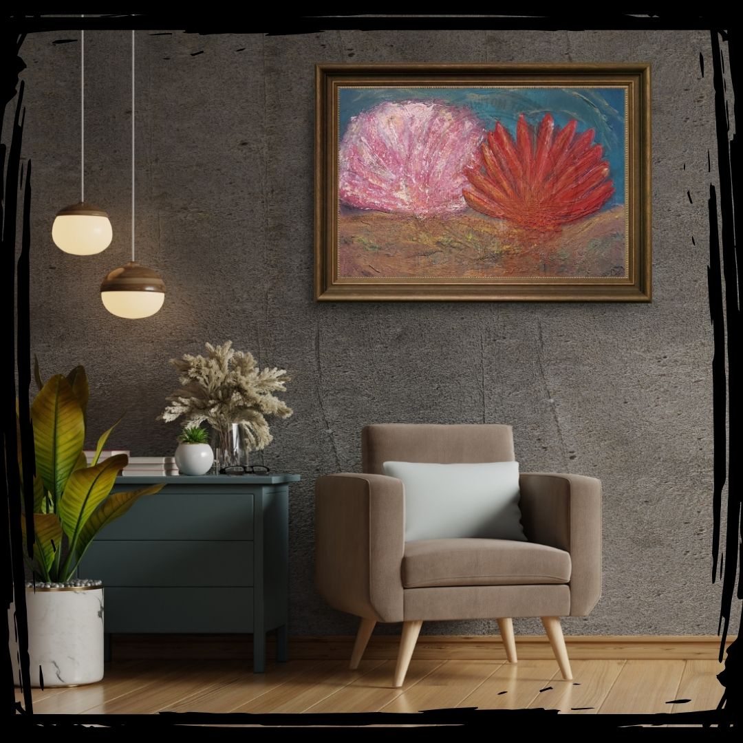 A textured original painting of vibrant coral reefs in pink, red, and gold hues, symbolizing the delicate beauty of marine life. Part of the Nature’s Beauty Collection.